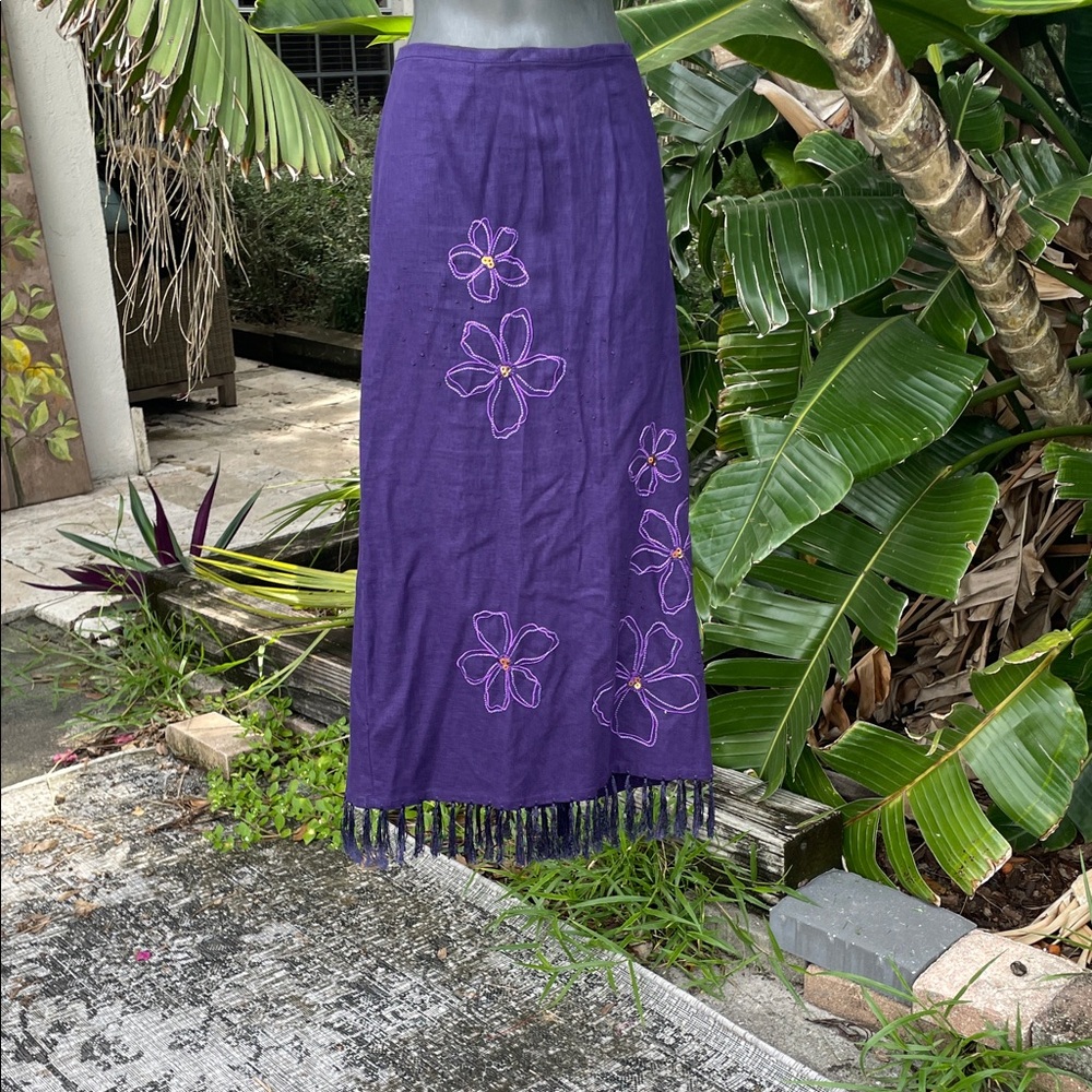 Floral linen blend pencil skirt with fringe